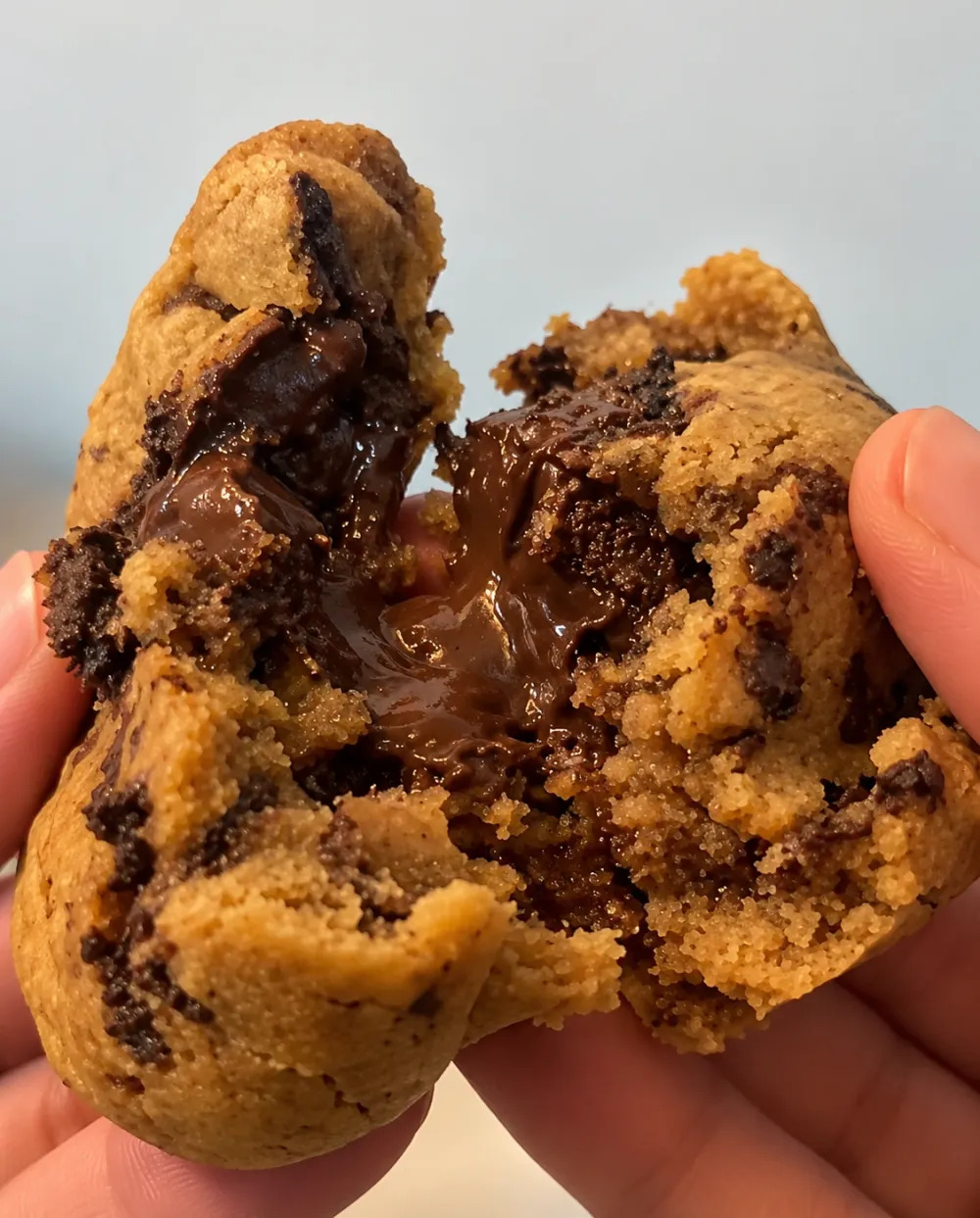 A chocolate chunk cookie pulled apart, molten chocolate stretching between the halves