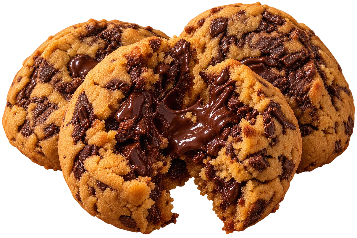 Three chocolate chunk cookies, the front one broken open with melted chocolate